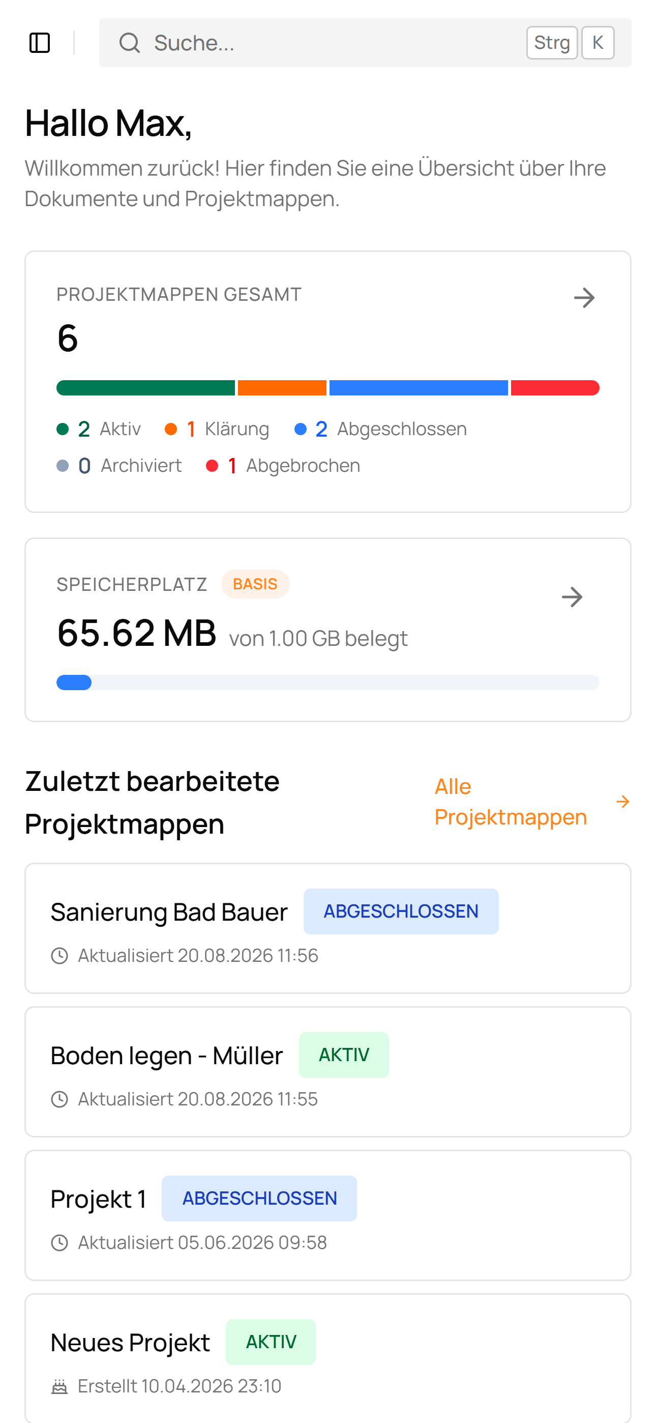 Meister Mappe Dashboard und Baustellenübersicht